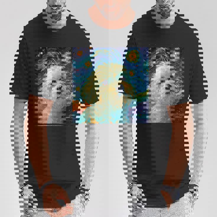 かわいいマルチーズドッグ 星月夜 ヴィンセント・ヴァン・ゴッホ絵画 Tシャツ 面白い贈り物