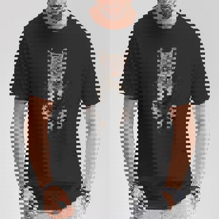 かわいい毛皮のような茶色のオオカミのポケット Tシャツ 面白い贈り物