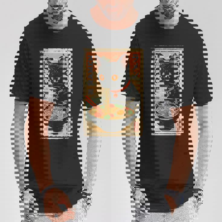 かわいい猫とラーメン麺 日本のアニメ漫画 Tシャツ 面白い贈り物