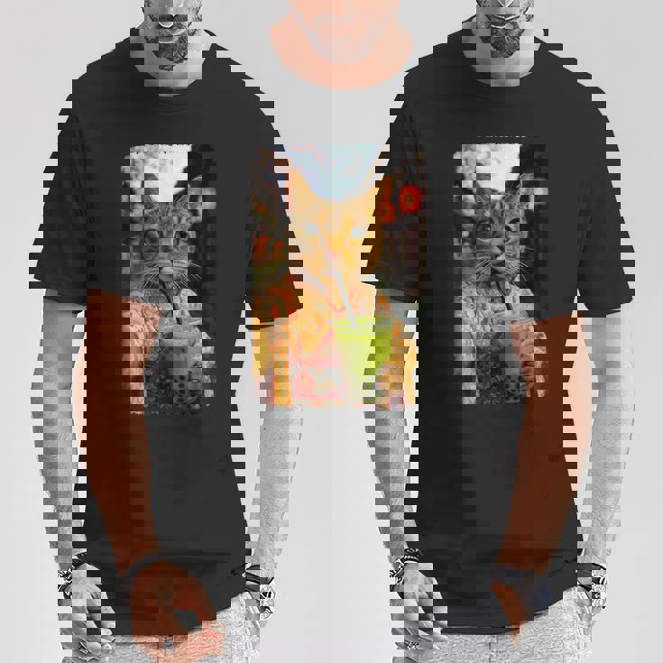 かわいい着物猫 自撮り 抹茶 バブルティー Tシャツ 面白い贈り物