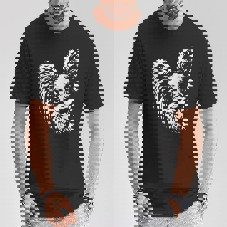 かわいい覗くパピヨン犬のグラフィック デザイン Tシャツ 面白い贈り物