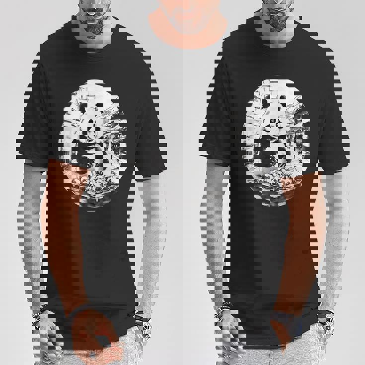 たこ焼き パンダ 水墨画 日本食 大阪 おもしろ 和風 動物 Tシャツ 面白い贈り物