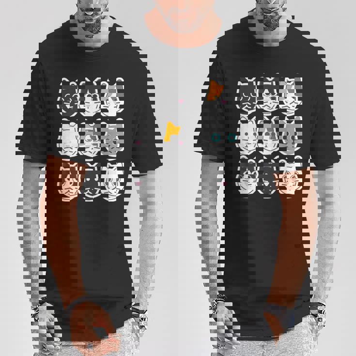 ねこ 9《ふぇいす》猫《黒・白・ハチワレ・三毛・ロシアン》【どうぶつフレンズ】顔 ゆるくて かわいい 動物 イラスト Tシャツ 面白い贈り物