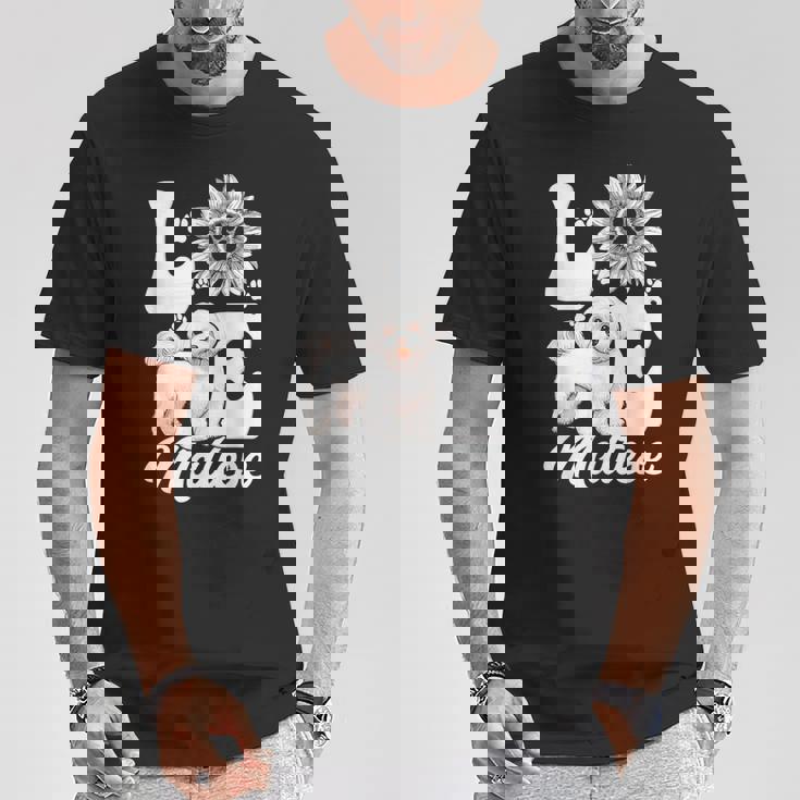アイ・ラブ・マルチーズ・ドッグ・オーナー・ファニー・ポー・プリント・サンフラワー・ラバー Tシャツ 面白い贈り物