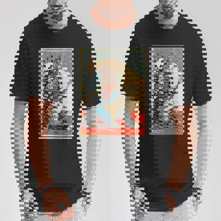 アニメ 日本の侍猫 エレキギターを弾くアートワーク Tシャツ 面白い贈り物