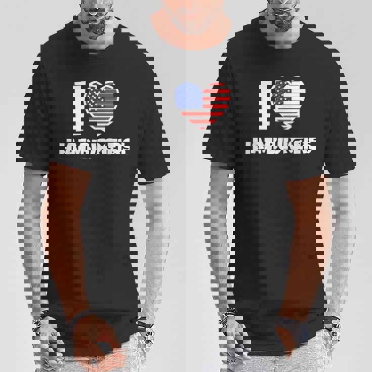 アメリカ国旗とハートのアイ・ラブ・ハンバーガー Tシャツ 面白い贈り物