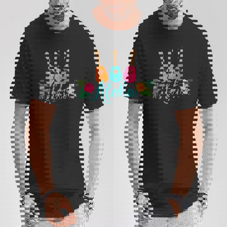 アロハシャツ ウクレレとハイビスカス柄 Tシャツ 面白い贈り物