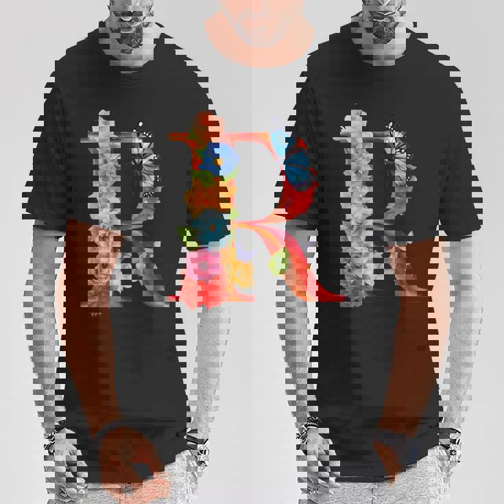 イニシャル R アルファベット バタフライ ローズ 花 水彩 モノグラム Tシャツ 面白い贈り物