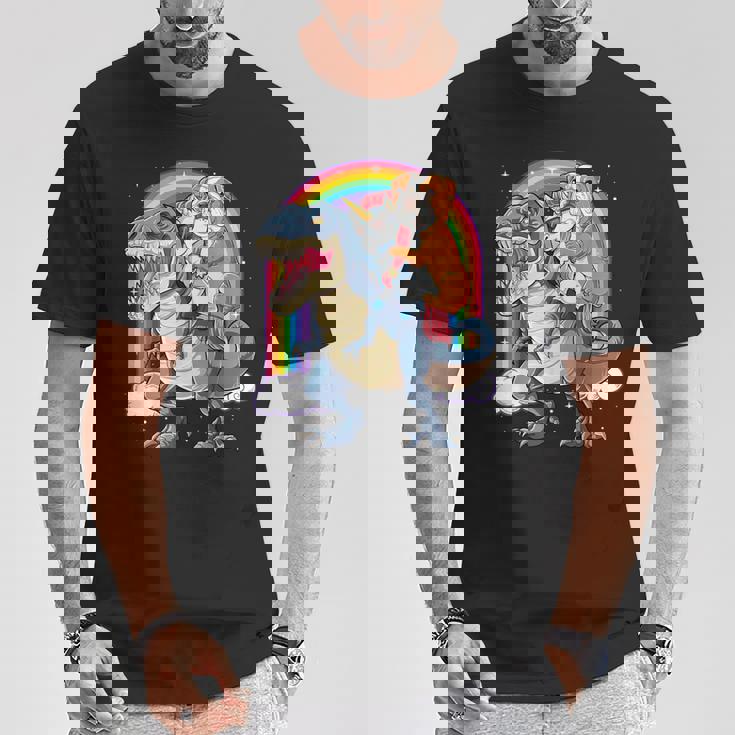 イングリッシュブルドッグ ユニコーン ライディング ダイナソー Tレックス ギフト メンズ レディース Tシャツ 面白い贈り物