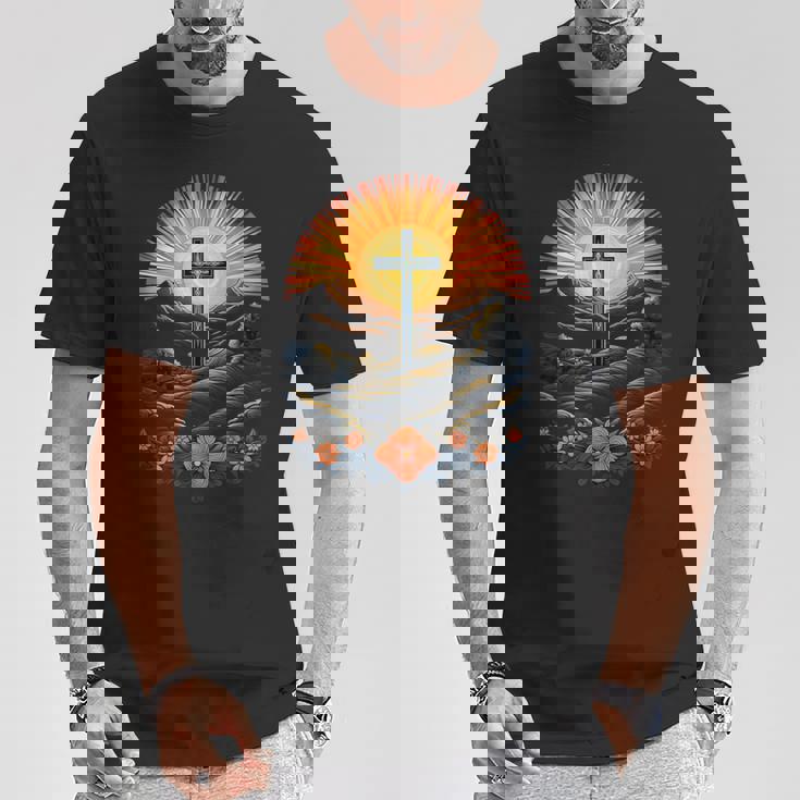 イースターデー クロスフラワー サンセット クリスチャン イースター Tシャツ 面白い贈り物