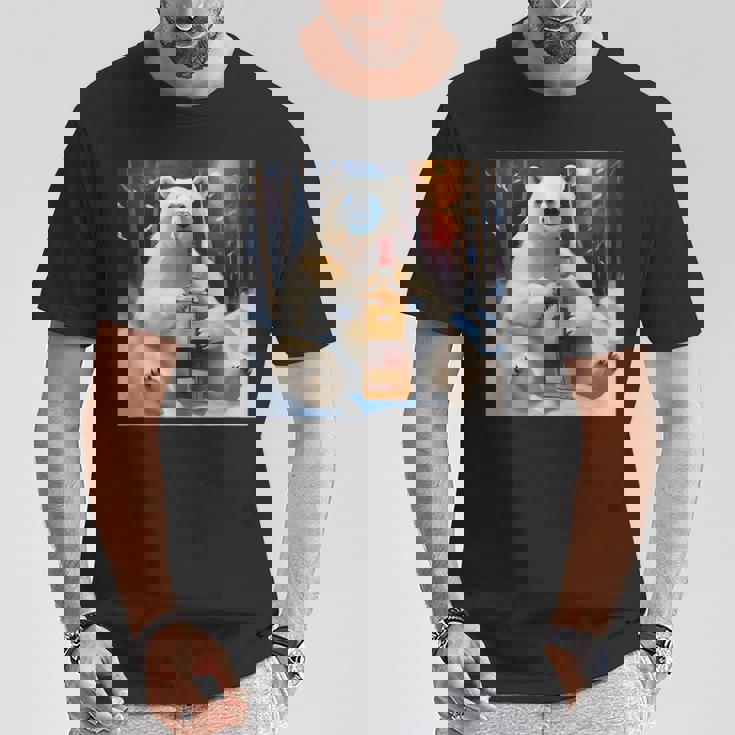 ウイスキーが飲みたいと目で訴える白熊 半袖 男女兼用 Tシャツ 面白い贈り物