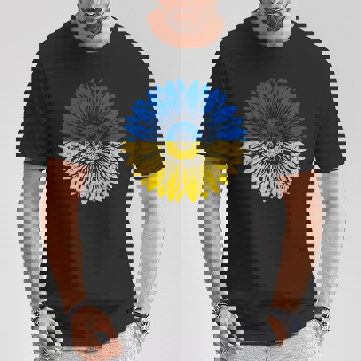 ウクライナの平和ひまわり苦しめられた青と黄色 Tシャツ 面白い贈り物
