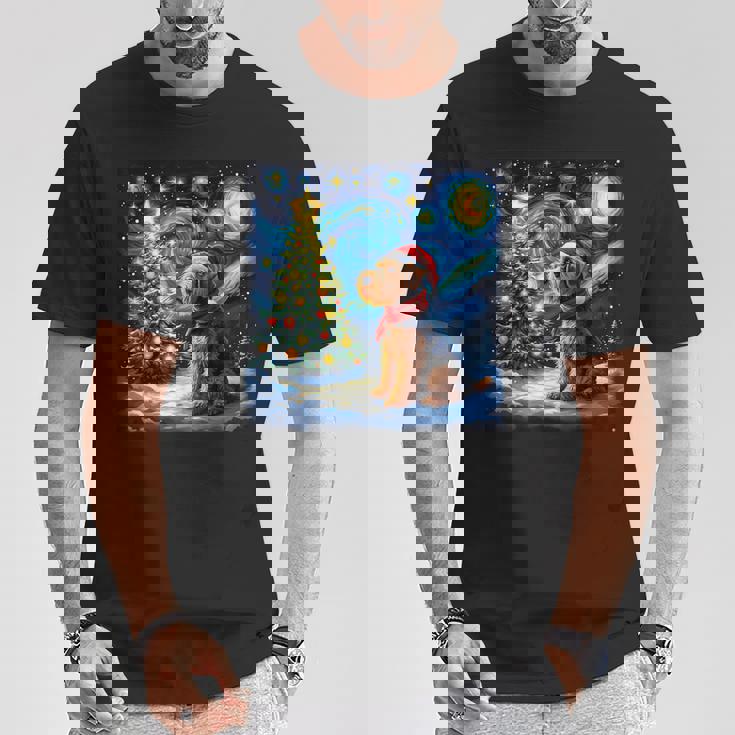 エアデール・テリア 星降る夜 クリスマス ゴッホ 犬の休日 Tシャツ 面白い贈り物