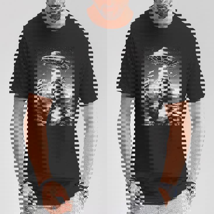 エイリアンufoモナリザと面白いセルフィー Tシャツ 面白い贈り物