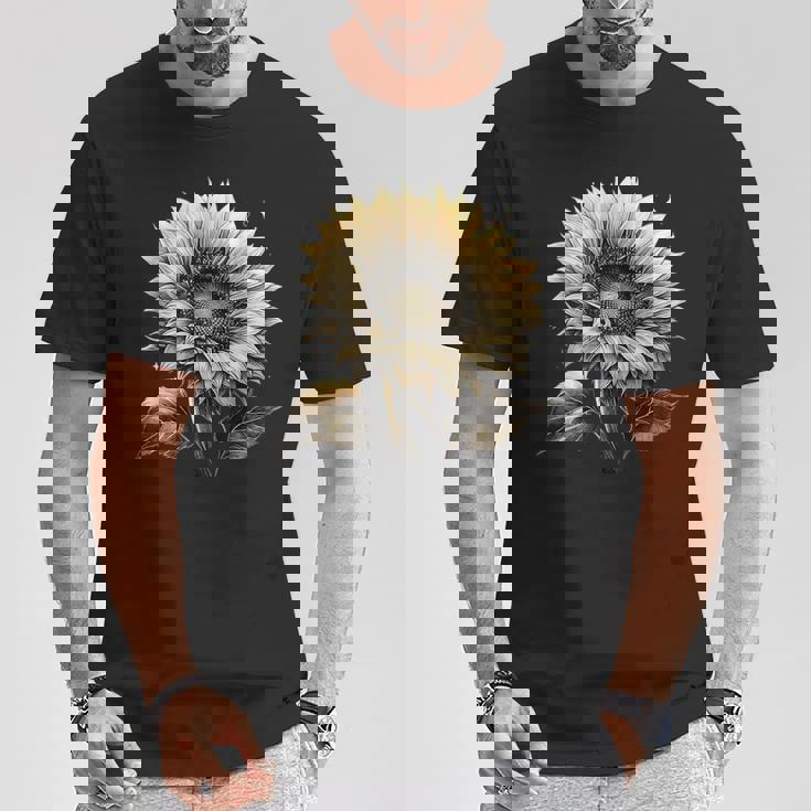 エレガントなビンテージひまわり植物芸術 Tシャツ 面白い贈り物