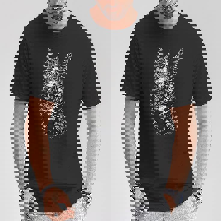 エレキギターを弾くロックキャット デザイン 男性 女性 Tシャツ 面白い贈り物