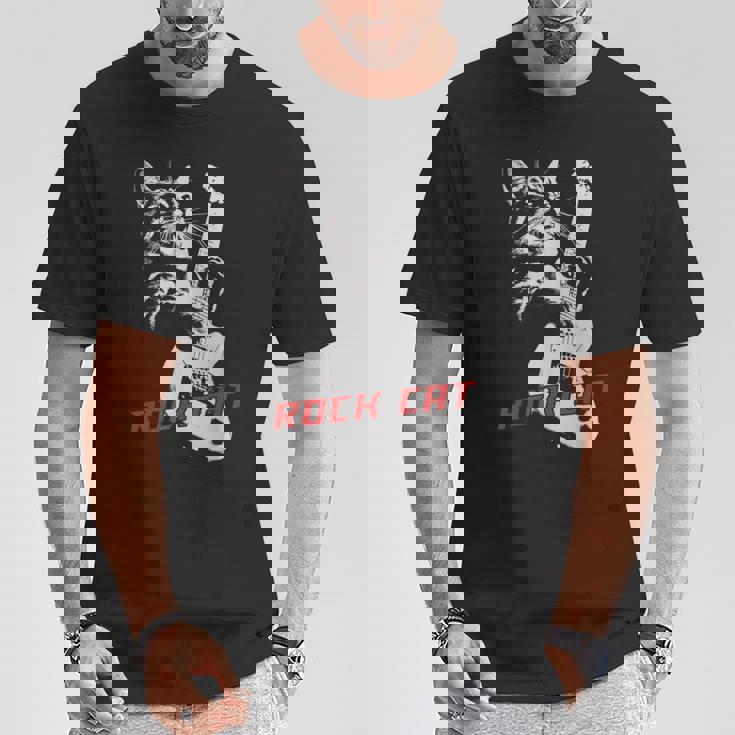 エレキギターを弾くロックキャット 面白い猫ニャーパロディショー Tシャツ 面白い贈り物