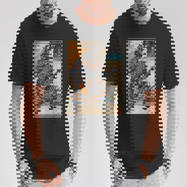 エレキギターを弾く日本の侍猫 浮世墨アート Tシャツ 面白い贈り物