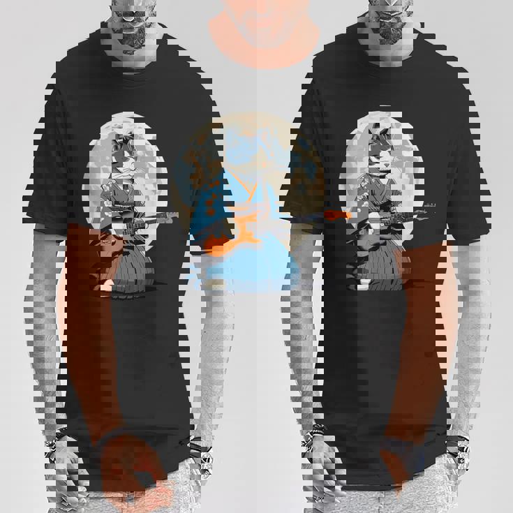 エレキギターを弾く日本猫 着物&猫ギター Tシャツ 面白い贈り物