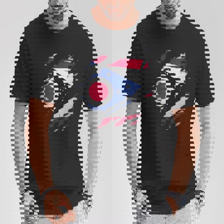 オハイオ州オハイオ州立大学 破れ加工 オハイオ州旗 Tシャツ 面白い贈り物