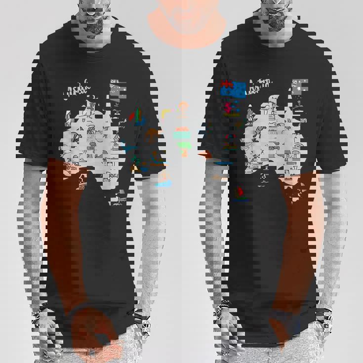 オーストラリアの地図。風景、動物、文化、シンボルのアイコン Tシャツ 面白い贈り物