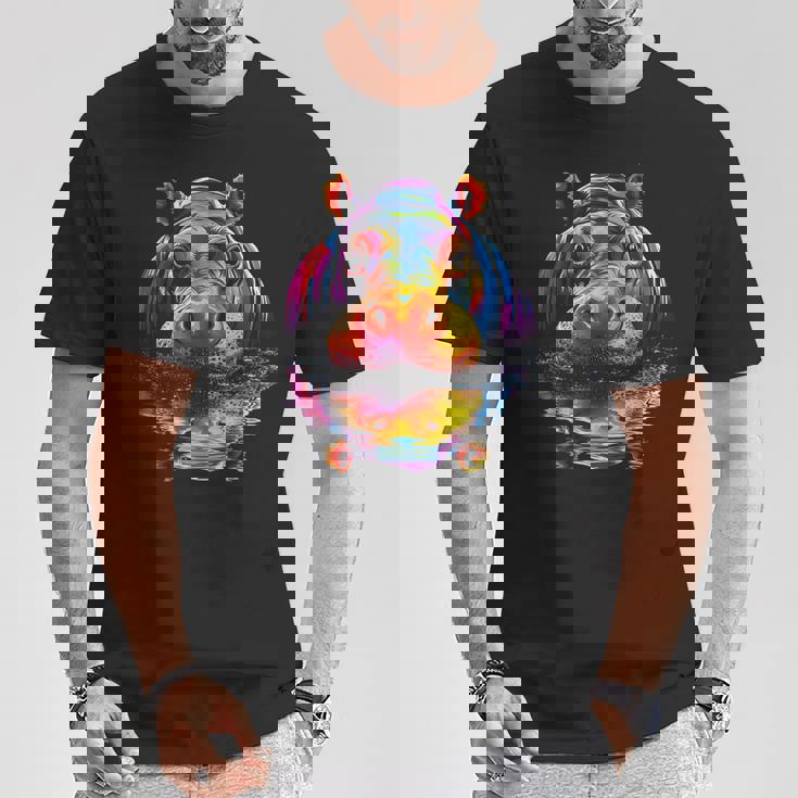 カバ カラフル アート 動物 かわいい グラフィック モチーフ カバ Tシャツ 面白い贈り物