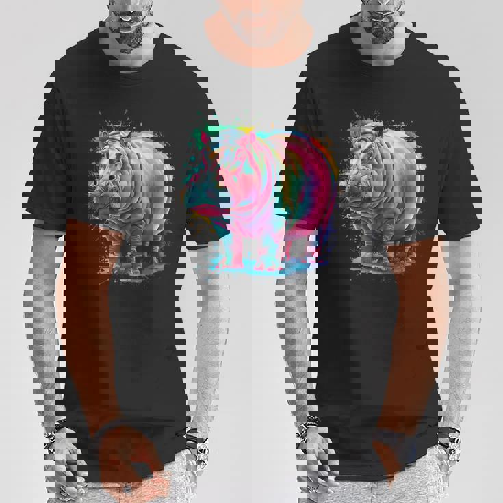 カバ 男性 女性 カラフル 水彩 カバ Tシャツ 面白い贈り物