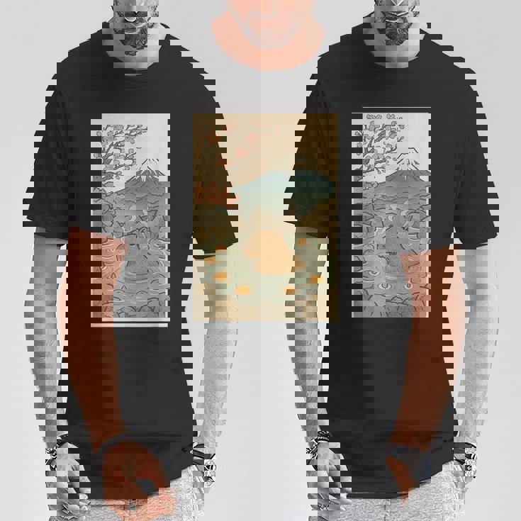 カピバラ 桜と温泉のカワイイアート Tシャツ 面白い贈り物