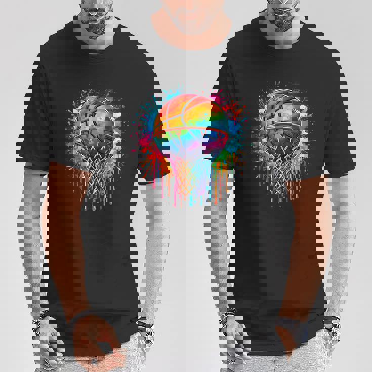 カラフル バスケットボール 絞り染め カラー スプラッシュ フープ ネット スラム ダンク Tシャツ 面白い贈り物