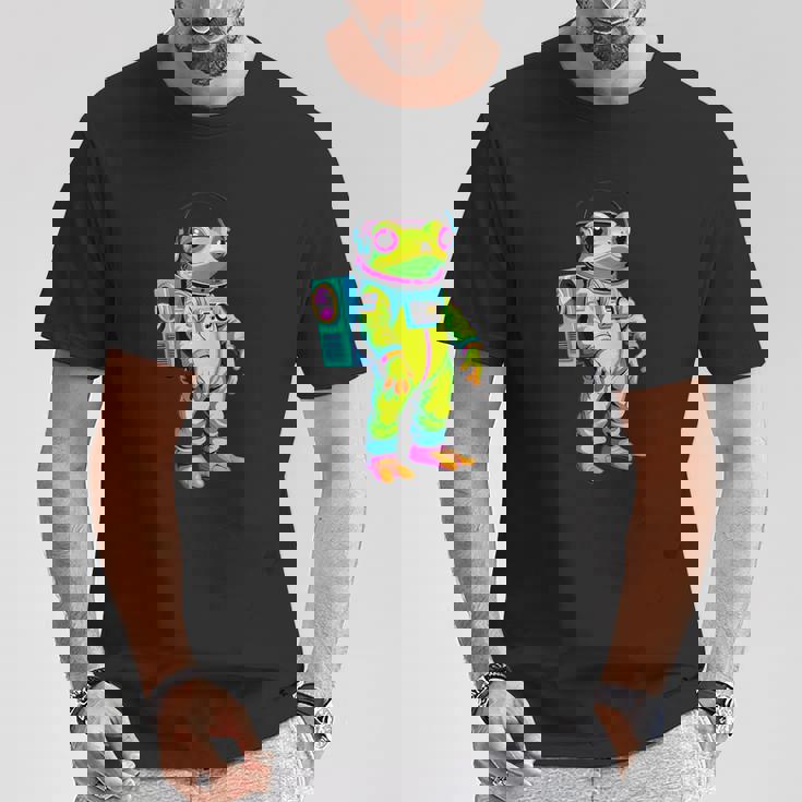 カラフルなカエルの宇宙飛行士キャラクター Tシャツ 面白い贈り物