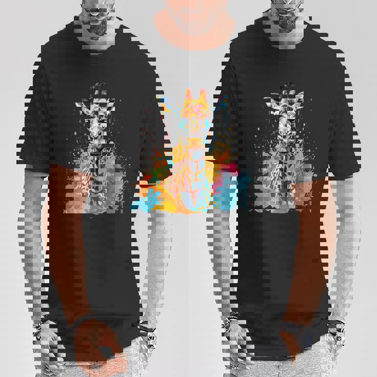 カラフルなキリン 動物 恋人 スプラッシュアート Tシャツ 面白い贈り物