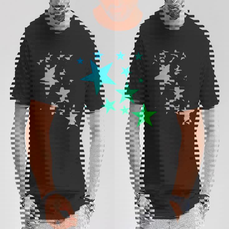 カラフルなグリーンブルーの星、星柄デザイン。 Tシャツ 面白い贈り物