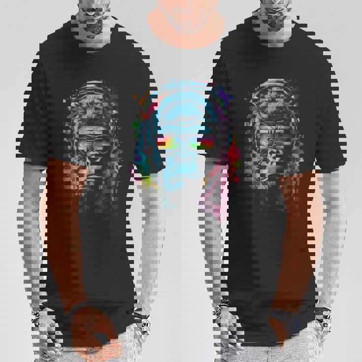 カラフルなゴリラとヘッドフォン レインボー バイブス エイプ モチーフ Tシャツ 面白い贈り物