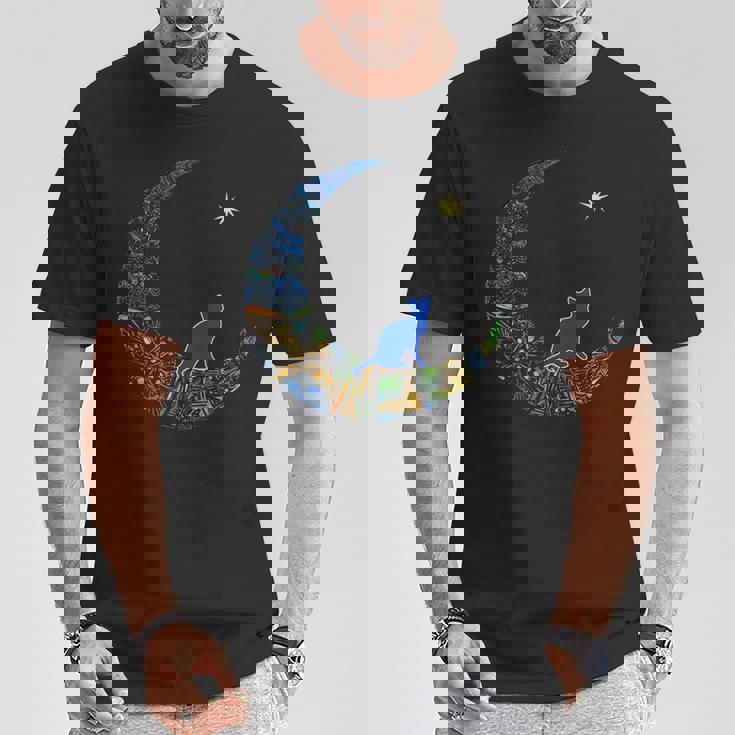 カラフルな曼荼羅三日月と猫と星 Tシャツ 面白い贈り物