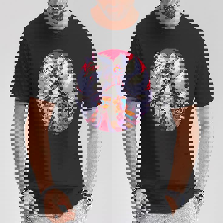 キツネ 九尾狐と日本アニメ 女の子 Tシャツ 面白い贈り物