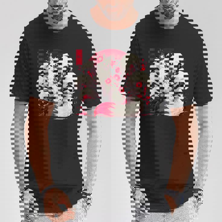 キツネ キツネ 赤いクモユリ 花 日本の九尾キツネ Tシャツ 面白い贈り物