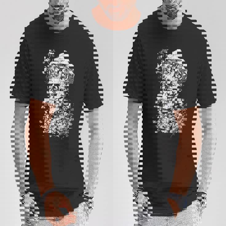 キノコや花があしらわれた骸骨の幻覚的なイラスト Tシャツ 面白い贈り物