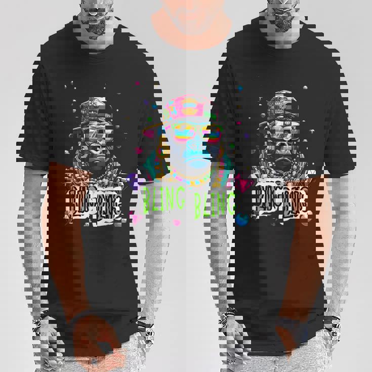 キラキラ光るクールなゴリラとジュエルヒップホップアートギャングスター Tシャツ 面白い贈り物