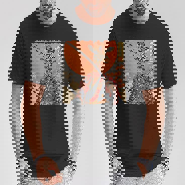 キリン 動物 日本美術 侍 浮世絵 Tシャツ 面白い贈り物