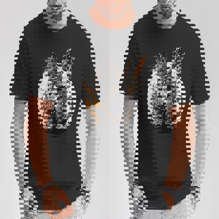 ギターを持った猫 ロックミュージックキャット ヘヴィメタルキャット Tシャツ 面白い贈り物