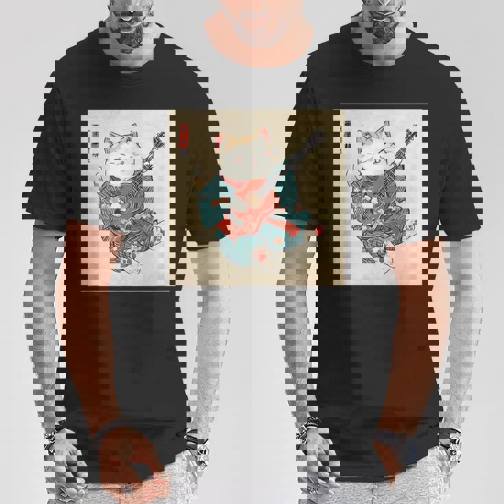 ギター奏でる猫 着物姿 ヴィンテージ 日本美術 面白い Tシャツ 面白い贈り物