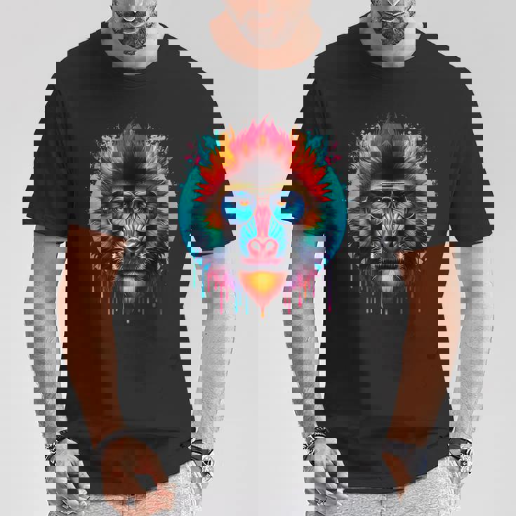 クールなタイダイサングラスマンドリルイラストアート Tシャツ 面白い贈り物