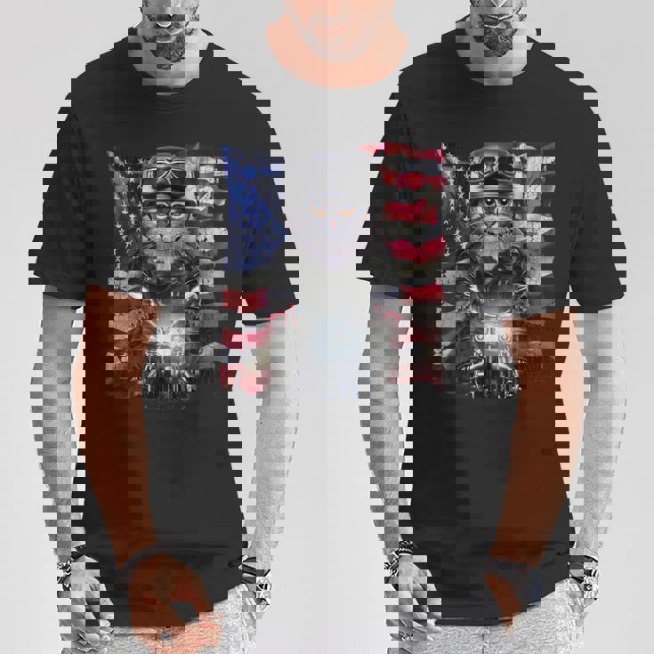 グレー 猫 ねこ バイク 星条旗 アメリカ Tシャツ 面白い贈り物