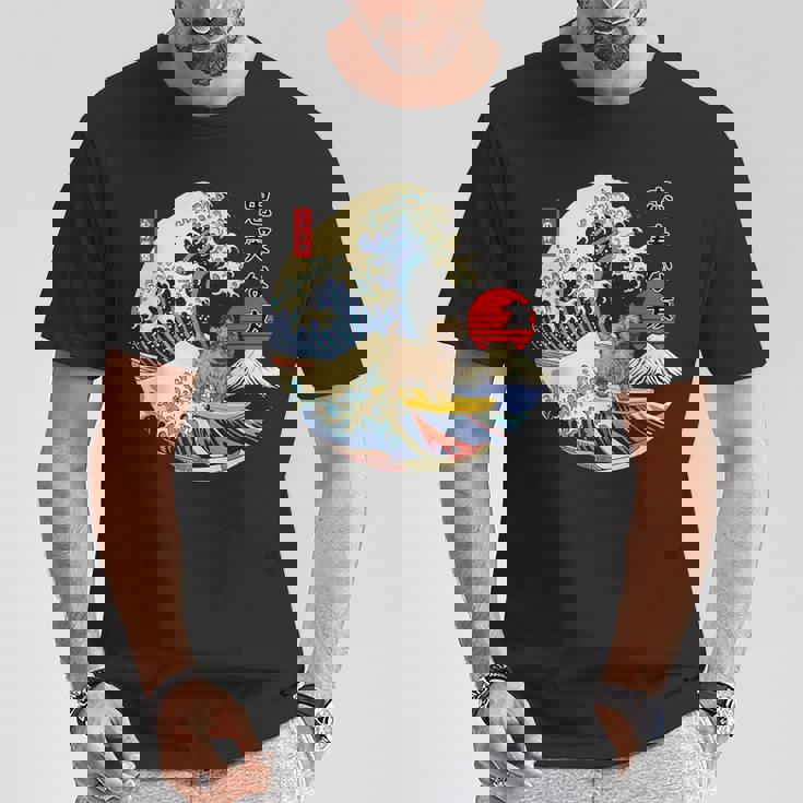 ケアンテリア 日本の神奈川波 サーフ 忠実な犬 Tシャツ 面白い贈り物