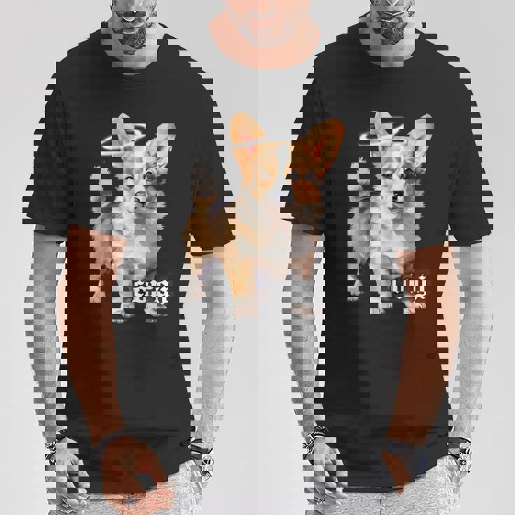 コーギー 天使 子犬 水彩 Tシャツ 面白い贈り物