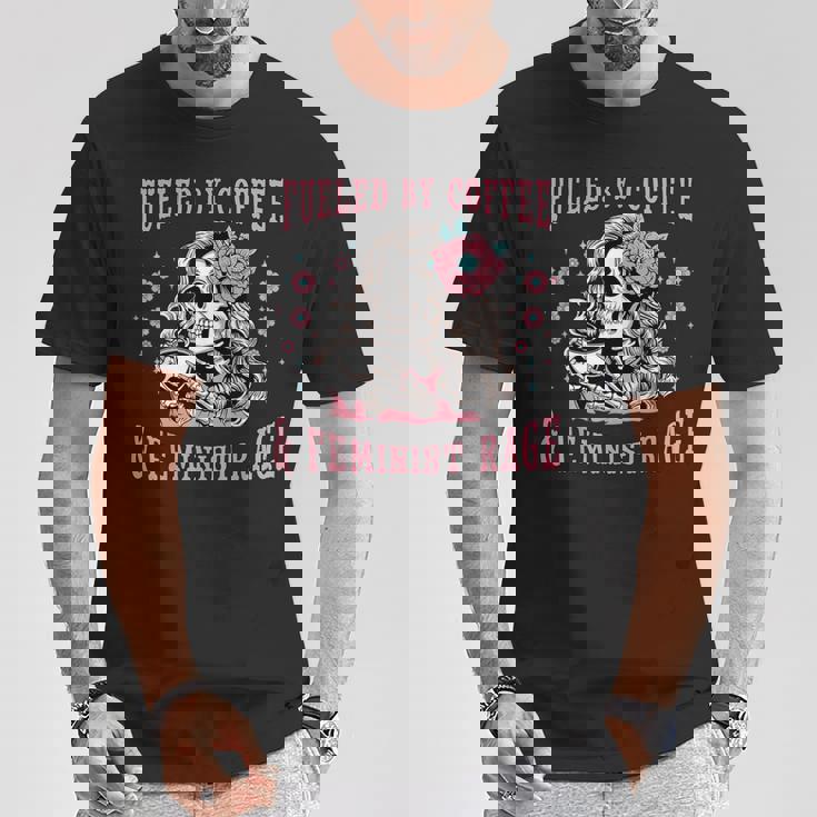 コーヒーフェミニストの怒りに支えられたスケルトンフェミニスト フェミニズム Tシャツ 面白い贈り物
