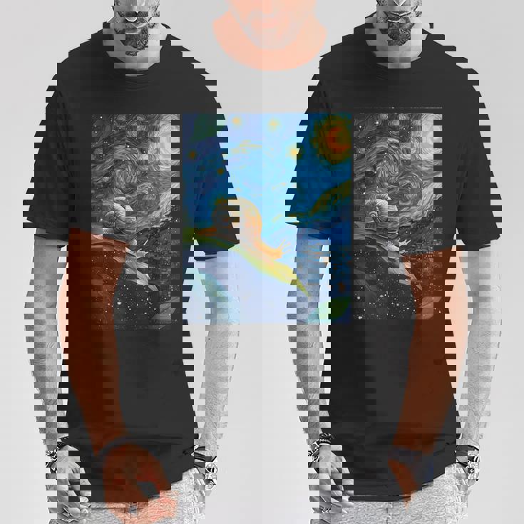 ゴッホの星空の夜のカタツムリスローモーバー動物愛好家 Tシャツ 面白い贈り物