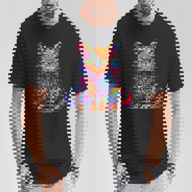 サイケデリック マンガ 猫 カラフル ファンタジー 曼荼羅スタイル Tシャツ 面白い贈り物