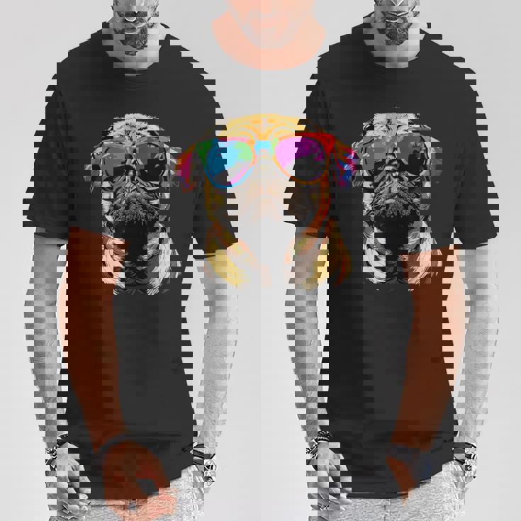 サングラスとパグベージュ犬愛カーリンかわいいパグ Tシャツ 面白い贈り物