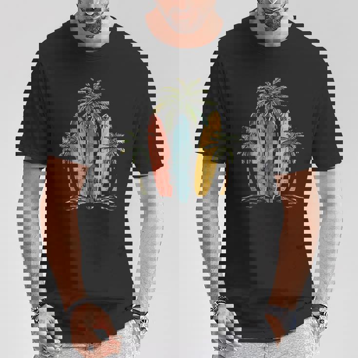 サーファー ヴィンテージ サーフボード ヤシの木 ビーチ サーフィン Tシャツ 面白い贈り物